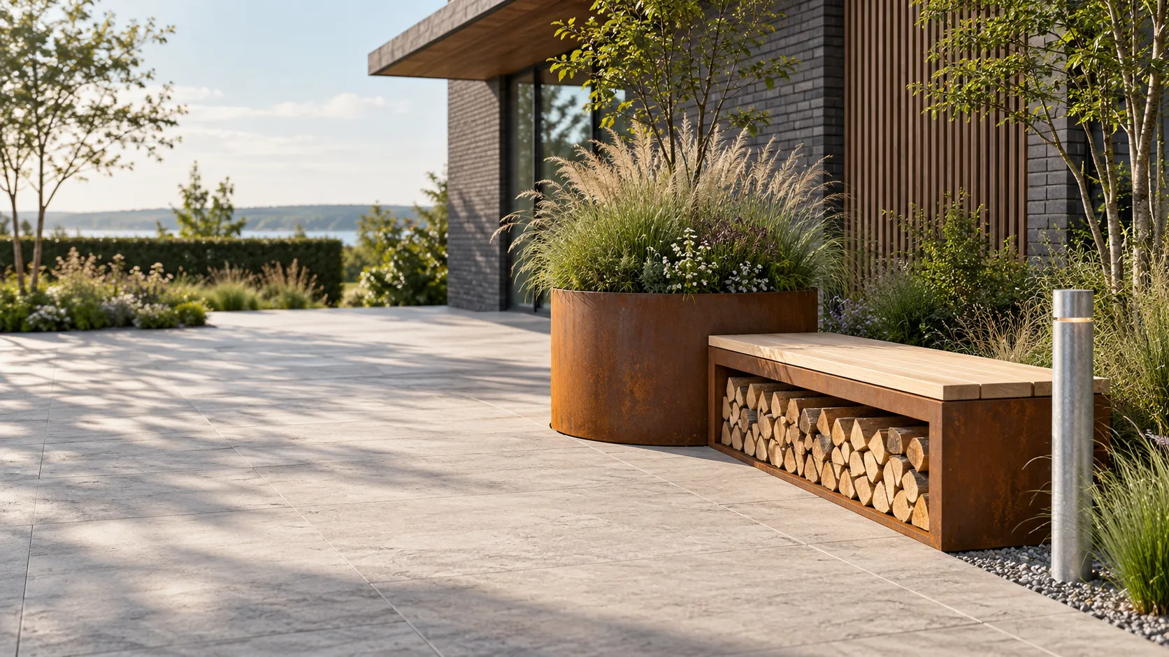 Terrace with round corten planter, corten bench with log storage and galvanised bollard